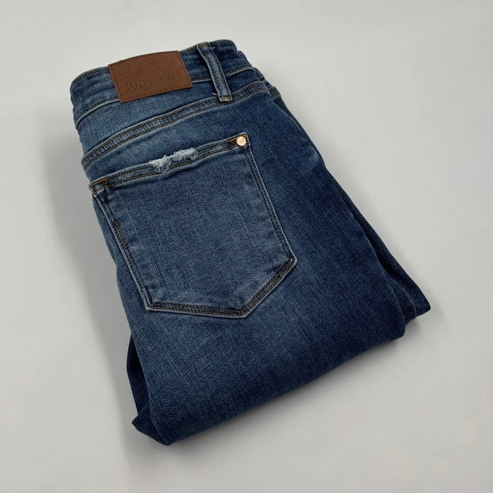 Judy Blue Women's 9/29 Flare‎ Medium Wash Distressed Button Fly High Rise Jeans